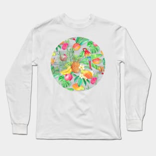 Tropical Paradise Fruit & Parrot Pattern Long Sleeve T-Shirt